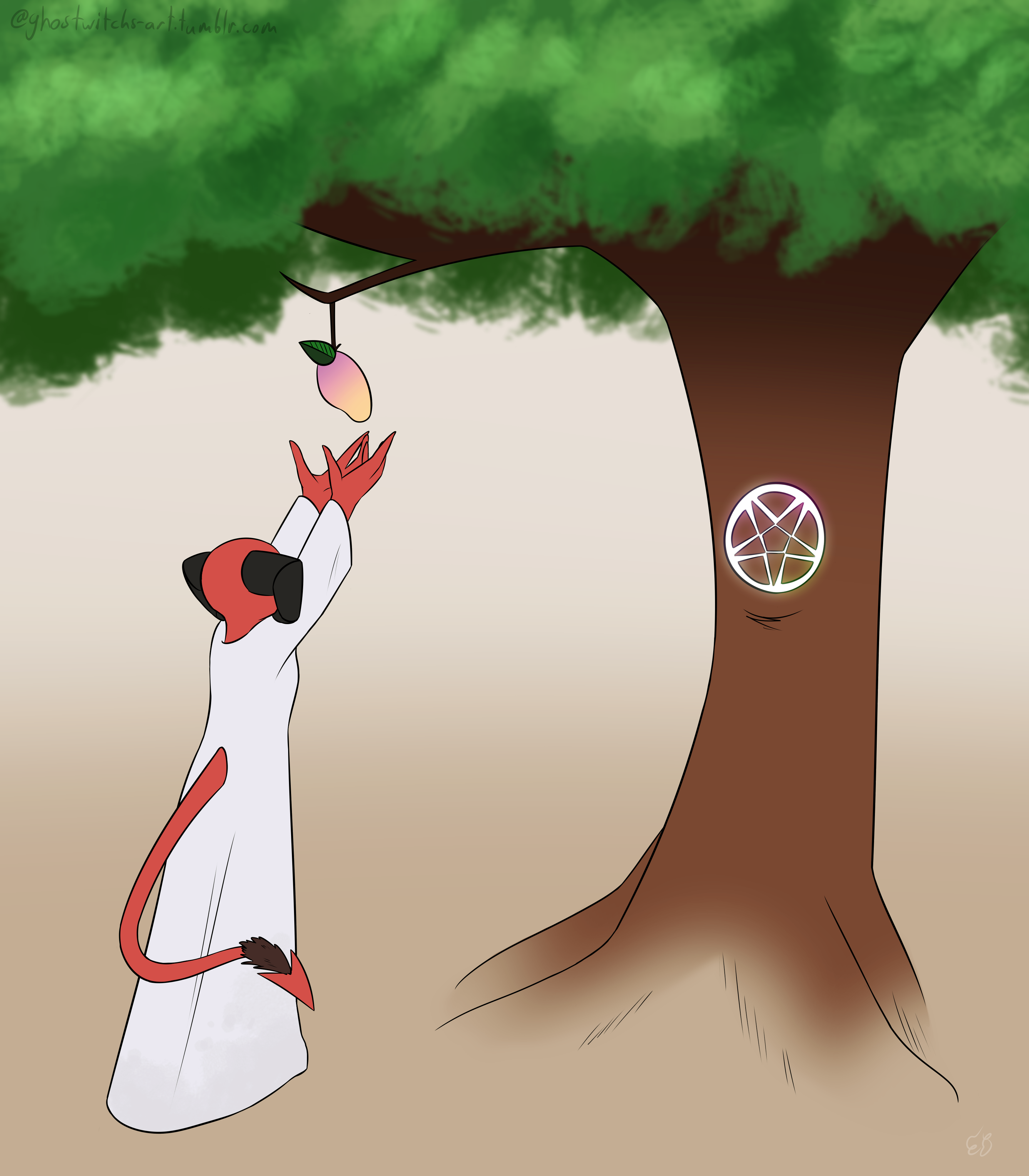 A lightly shaded painting featuring Diana, reaching to pick a fruit from a young tree.